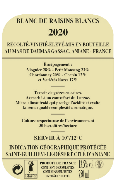Contre étiquette en français du Mas de Daumas Gassac Blanc 1997.